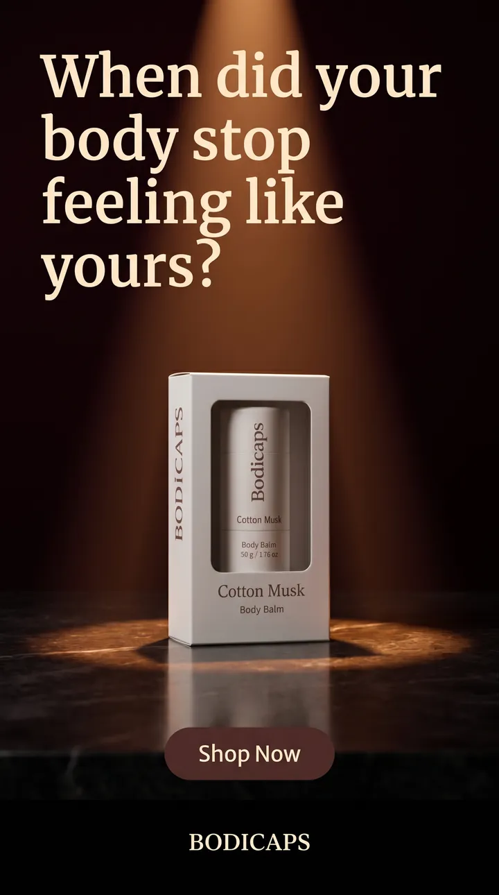 Anuncio de producto para el bálsamo corporal Cotton Musk de BODICAPS: un titular en forma de pregunta sobre el producto en caja bajo un foco
