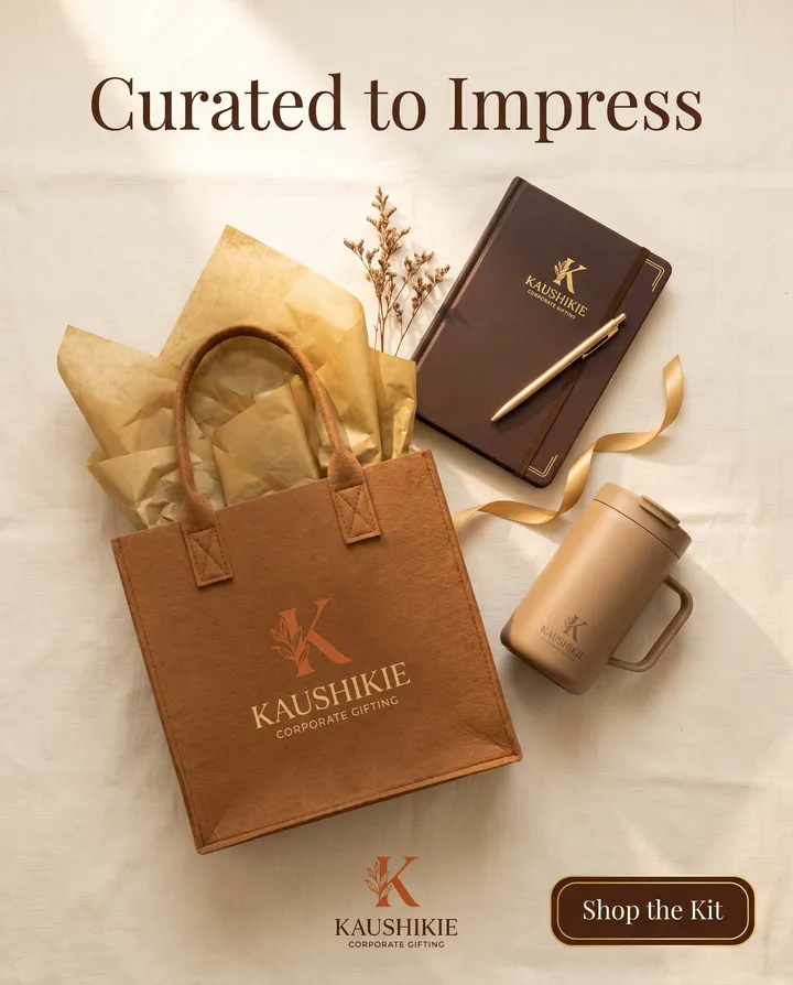 Anuncio de producto para el kit de bienvenida corporativo de Kaushikie Curates: tote, cuaderno, boli y vaso térmico sobre lino color crema, titular Curated to Impress