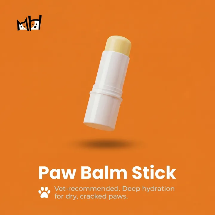 Anuncio de producto para el bálsamo de patas en barra de TheTailClawShop: packshot sobre naranja con una línea de beneficio