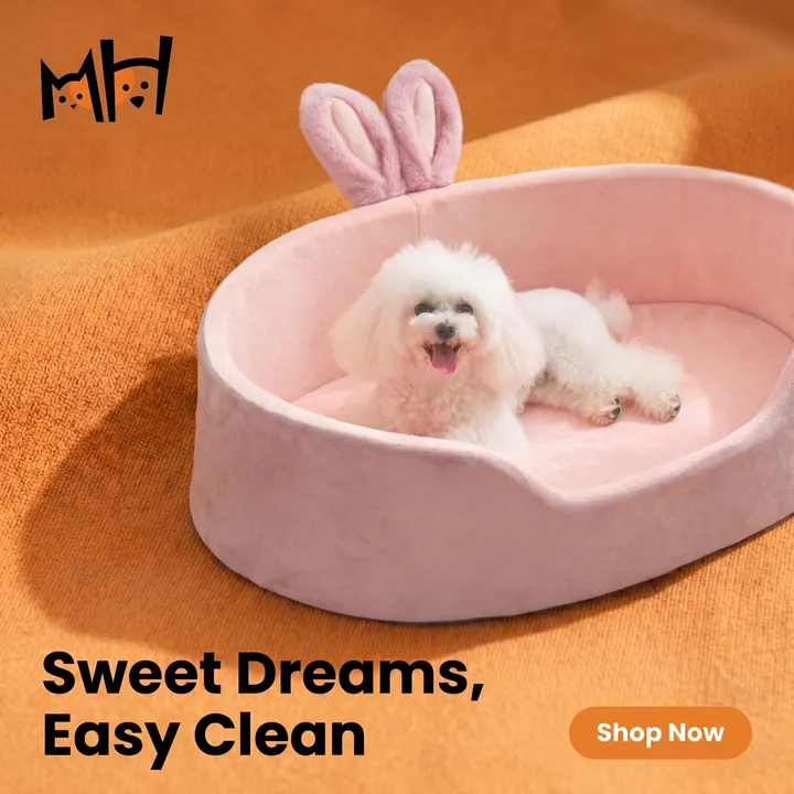 Anuncio de producto para la cama rosa para mascotas de TheTailClawShop: un perrito blanco pequeño tumbado en la cama, titular Sweet Dreams, Easy Clean