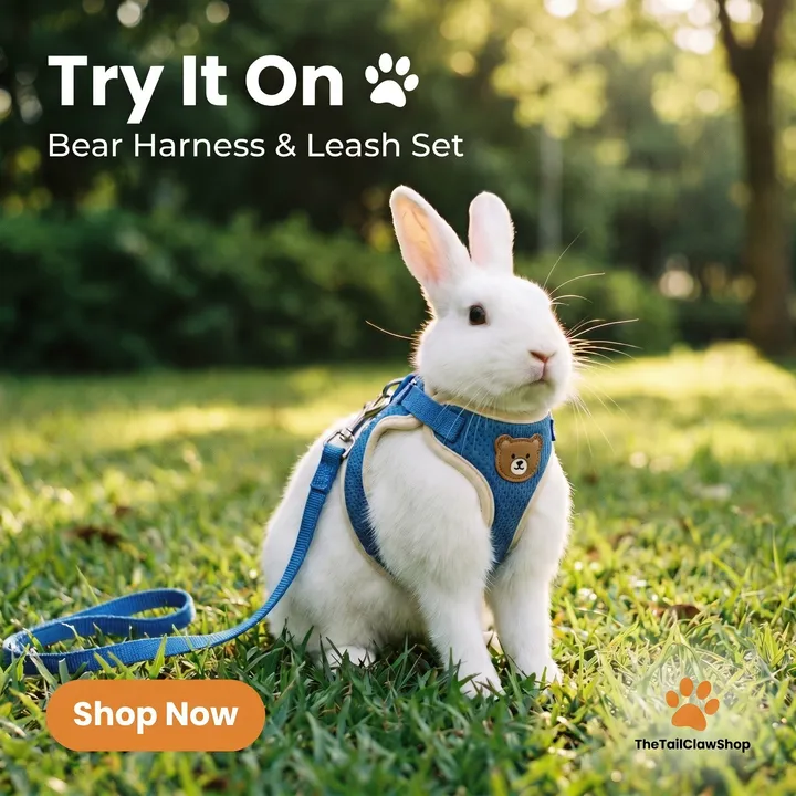 Anuncio de producto para el arnés y correa de oso de TheTailClawShop: un conejo con el arnés puesto sobre el césped, titular Try It On