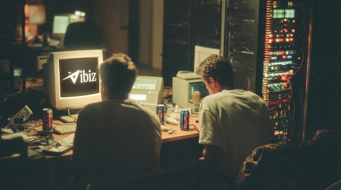Two builders working late on computers